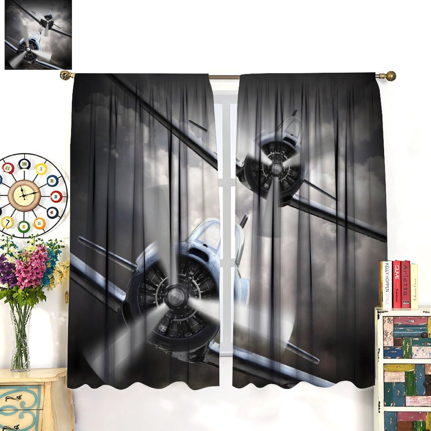 AAVEUP Airplane Blackout Curtains for Boys, Vintage 70s Old Gray Military Propeller Clouds Military Helicopter Window Drapes Print for Kids Adolescents Nursery Bedroom Living Room Bathroom 42x45in