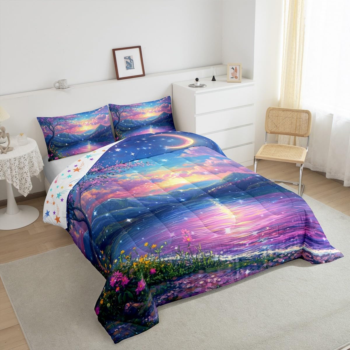 Rustic Flowers Queen Bedding Set for Kids Adults,Romantic Lakeside Trees Flowers Comforter Bed Set,Shining Starry Sky Quilt Set 3 PCS,Watercolor Lake Landscape Duvet Insert,2 Pillow Cases