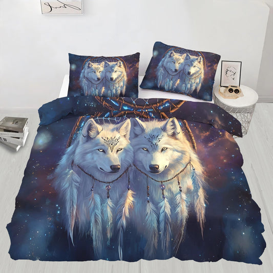 PAISUOQ Wolf Print Duvet Cover Queen Size, Galaxy Wolf Bedding Sets, 3 Piece, Soft Microfiber Patterned Comforter Cover with Zipper Ties & 2 Pillowcase, White Animals Bedroom Decor & Gifts
