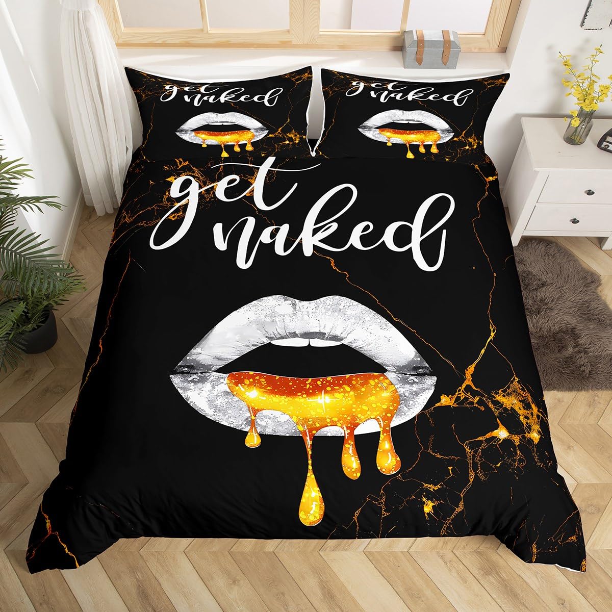 King Size Luxury Black Gold Marble Duvet Cover Boys Girls Sexy Lips Bedding Set For Kids Women Men Get Naked Ultra Soft Comforter Cover Set Funny Quotes Bed Set Modern Bedclothes (No Comforter)