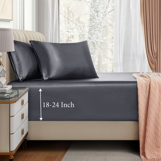 VACVELT 3pcs Extra Deep Pocket Satin Fitted Sheet Set King Bed Set, Grey Bottom Sheet Fit 18-24 Inch Deep Pocket Mattress, Silky Bedding Set Soft & Ultra Deep Fitted Sheet & 2 Pillowcase