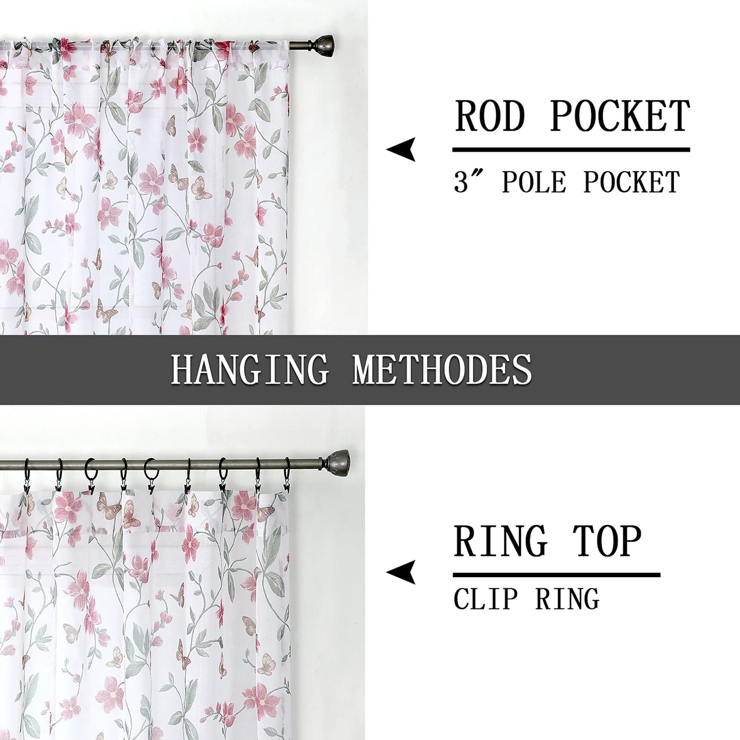 Tollpiz Sheer Floral Curtain Pink Flower Butterfly Printed Bedroom Curtains Rod Pocket Voile Faux Linen Window Curtain for Living Room, 54 x 84 inches Long, Set of 2 Panels