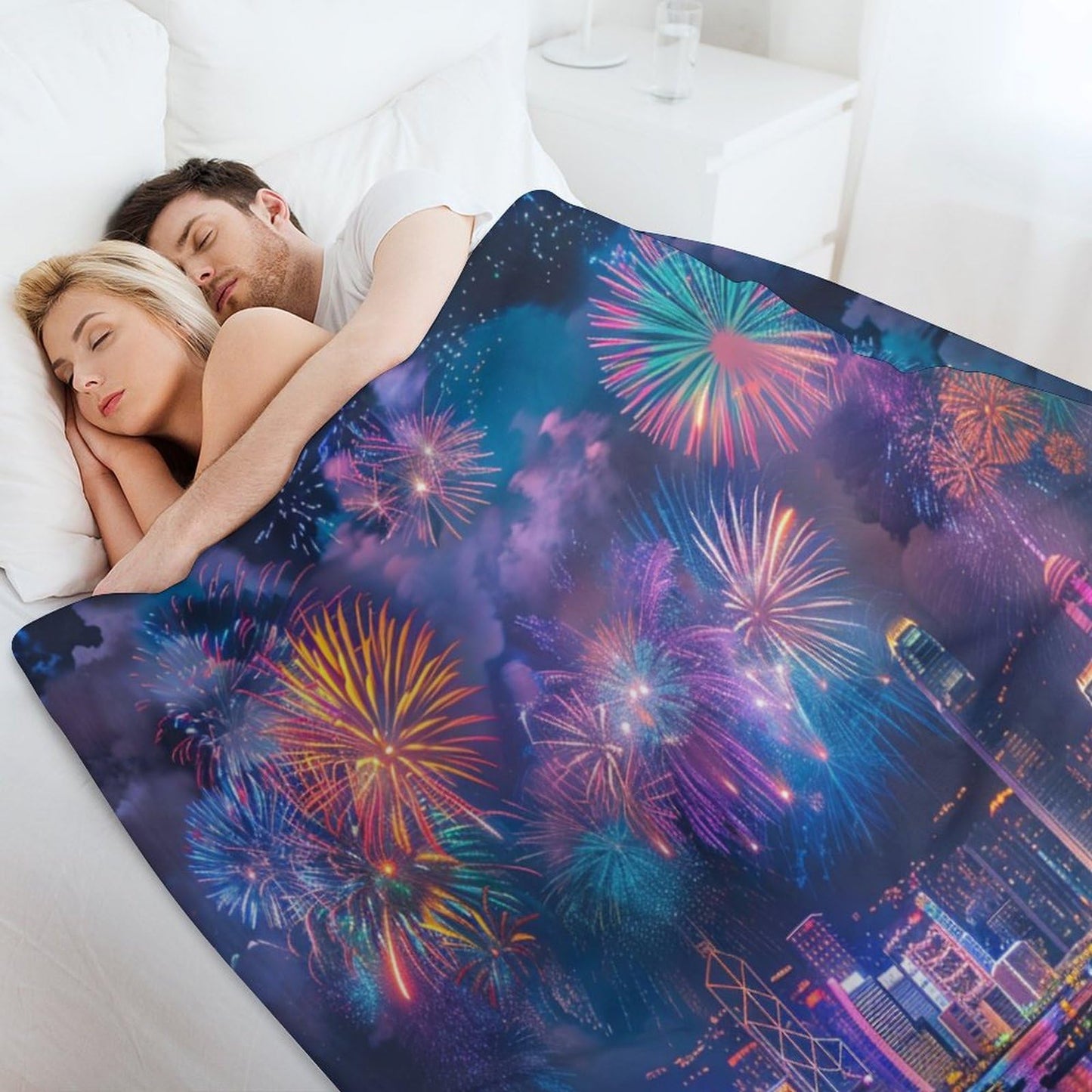 TOWINSFB Modern Cityscape Firework Throw Blanket, Soft Cozy Warm Flannel Colorful Building Night Scenery Blanket for Couch Sofa Bed, 30"x40"