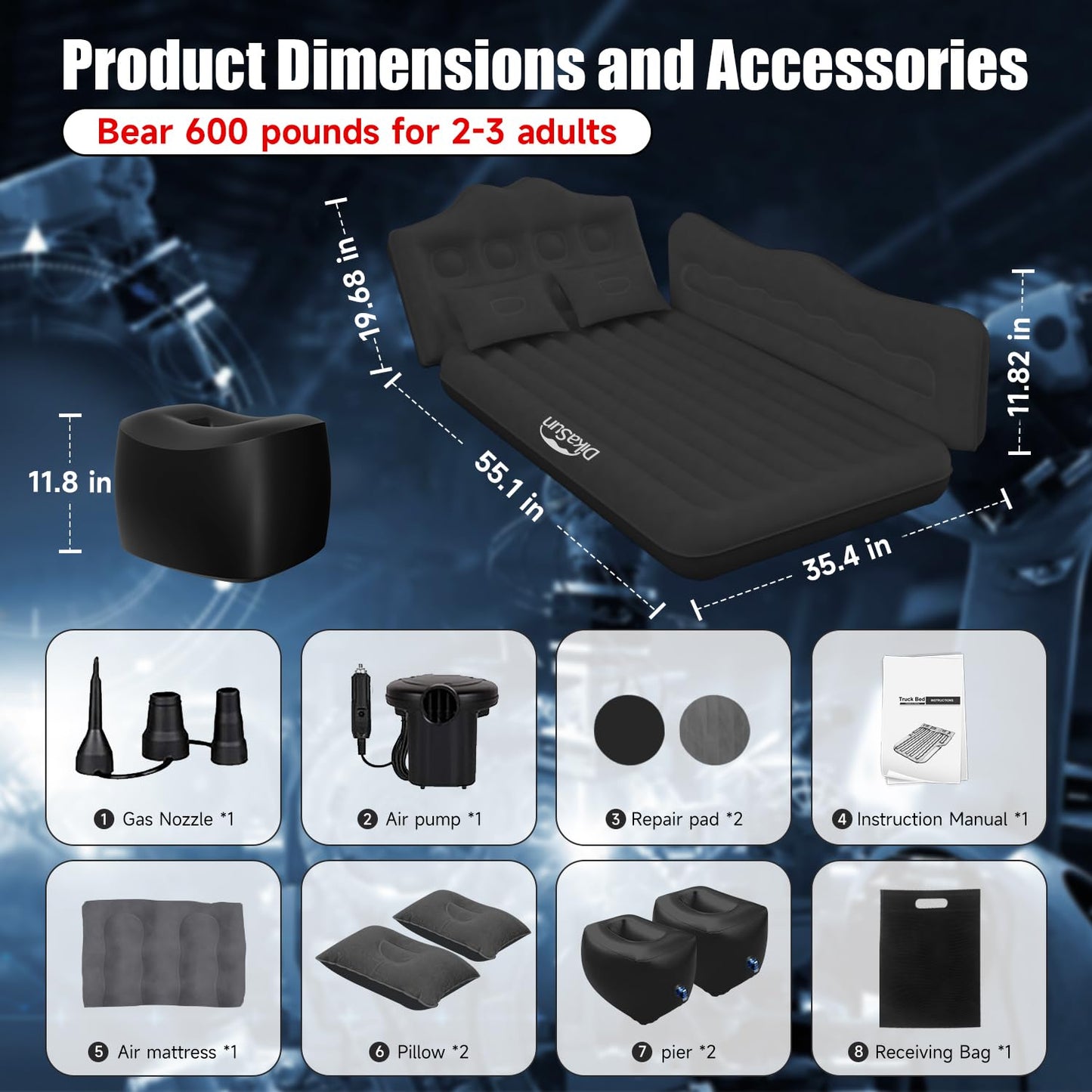 DikaSun Car Air Mattress, Inflatable SUV Truck Camping Mattress for Back Seat, Thickened Travel Car Bed Sleeping Pad with Air Pump 2 Pillows