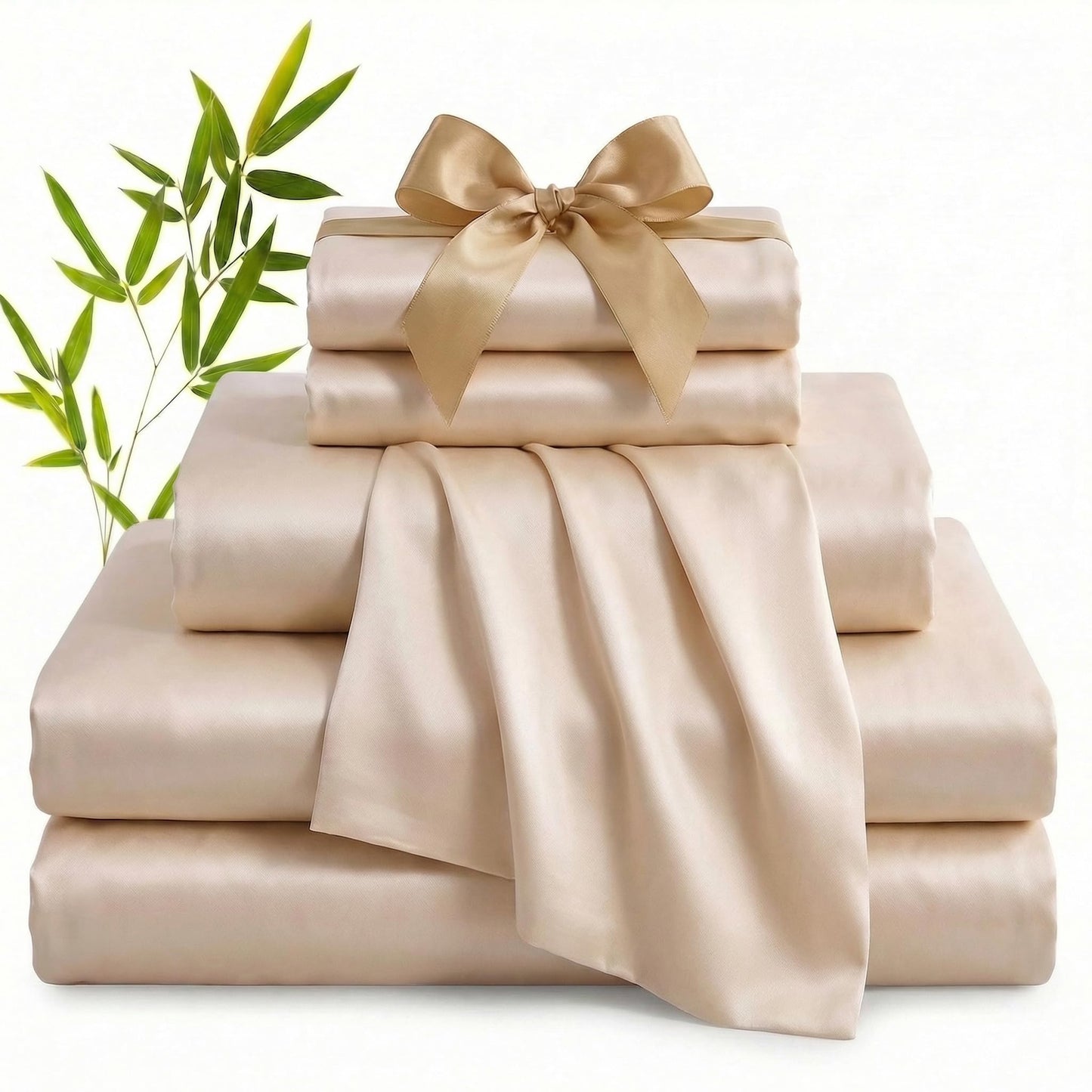 YIYEA 100% Viscose Derived from Bamboo Sheets, 600 Thread Count Cooling Bed Sheet Set for Hot Sleepers, Silky Soft, Breathable, 16" Deep Pocket, 4PC, King, Beige