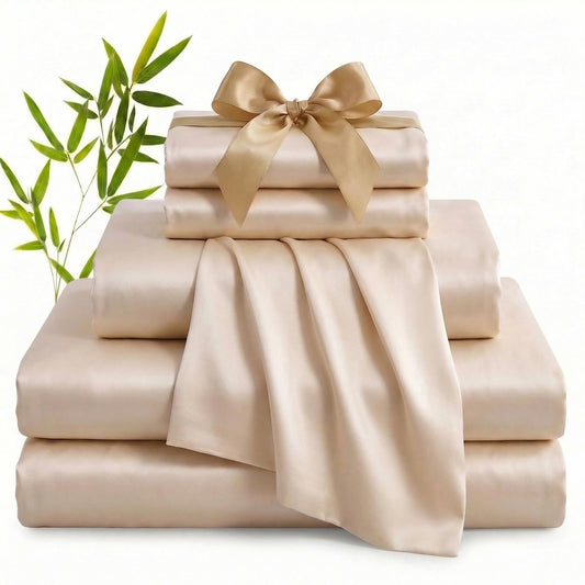 YIYEA 100% Viscose Derived from Bamboo Sheets, 600 Thread Count Cooling Bed Sheet Set for Hot Sleepers, Silky Soft, Breathable, 16" Deep Pocket, 4PC, King, Beige