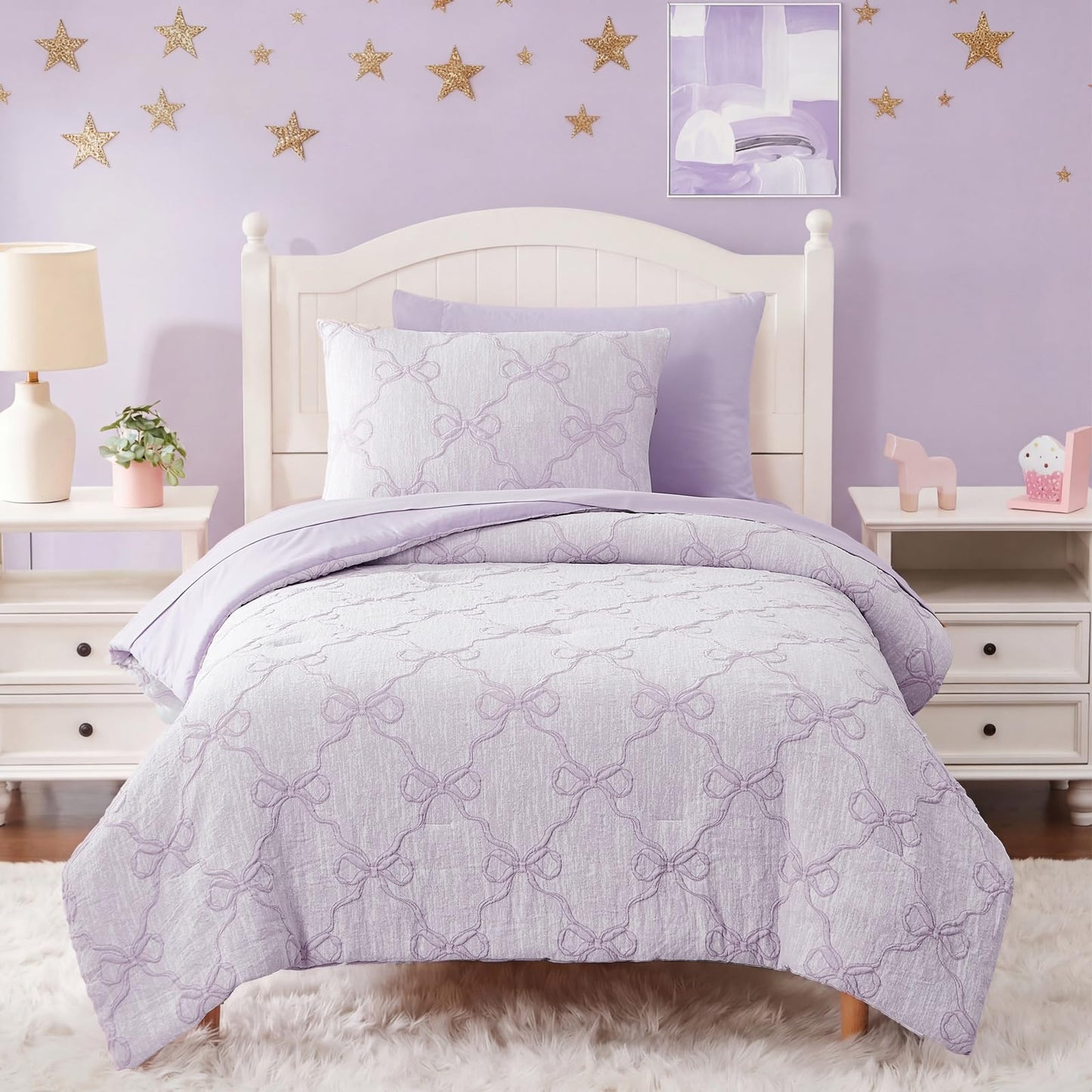 Wink Deer Twin Comforter Set with Sheets for Girls-5 Pieces Twin Bedding Sets with Light Purple Comforter, Sheets, Pillowcase & Sham for Kids (Purple Diamond, 66" X 86")