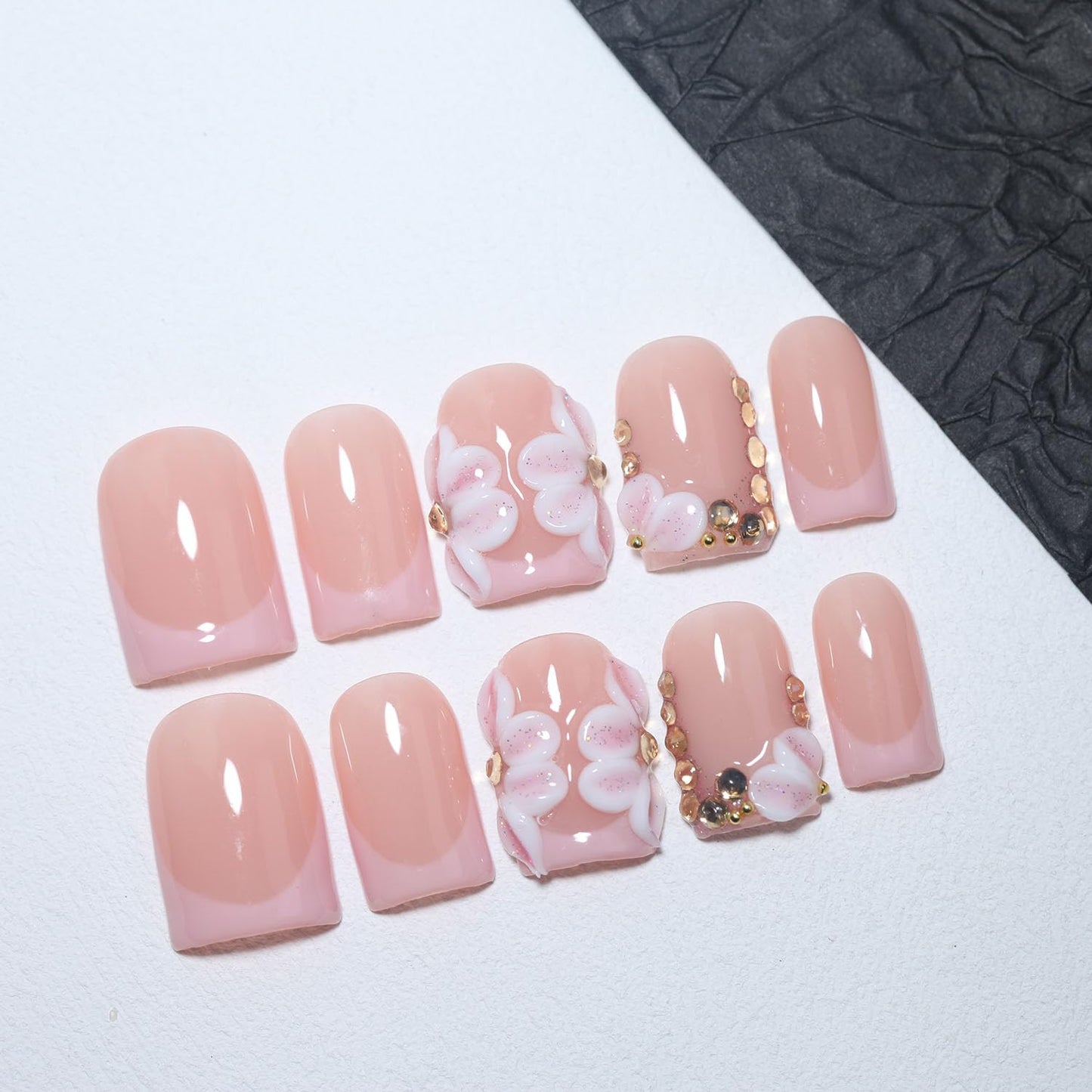 EasierGlow 10Pcs Handmade Short Square Press On Nails | Easy Apply & Remove, Reusable Salon Quality Nails | Nude Press Ons with Gold French Tips & 3D Floral Accents (Y208, S)