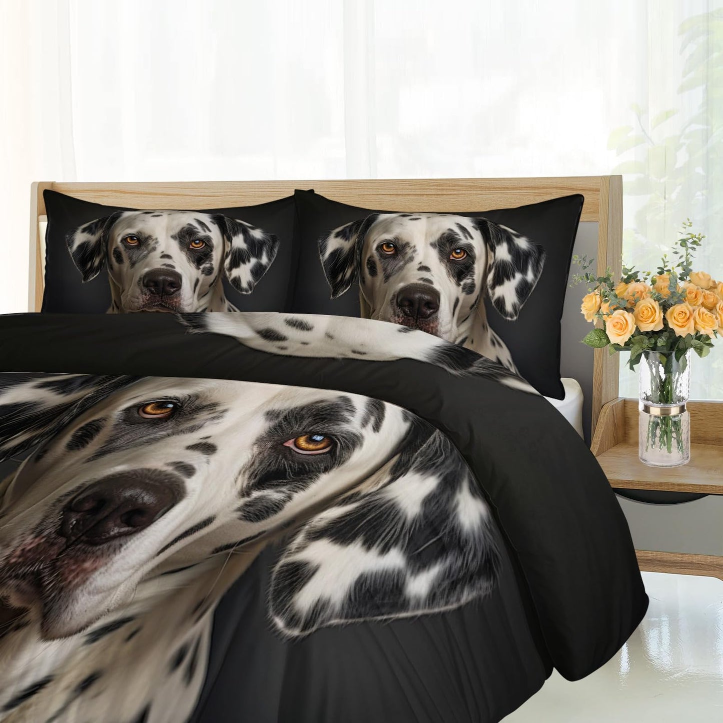 Dog Print Duvet Cover Queen Size - Dalmatian Lover Home Decor & Gifts, 3 Piece Back to School Dorm Bedding, Easy Care Microfiber Comforter Cover & Pillowcases, Black