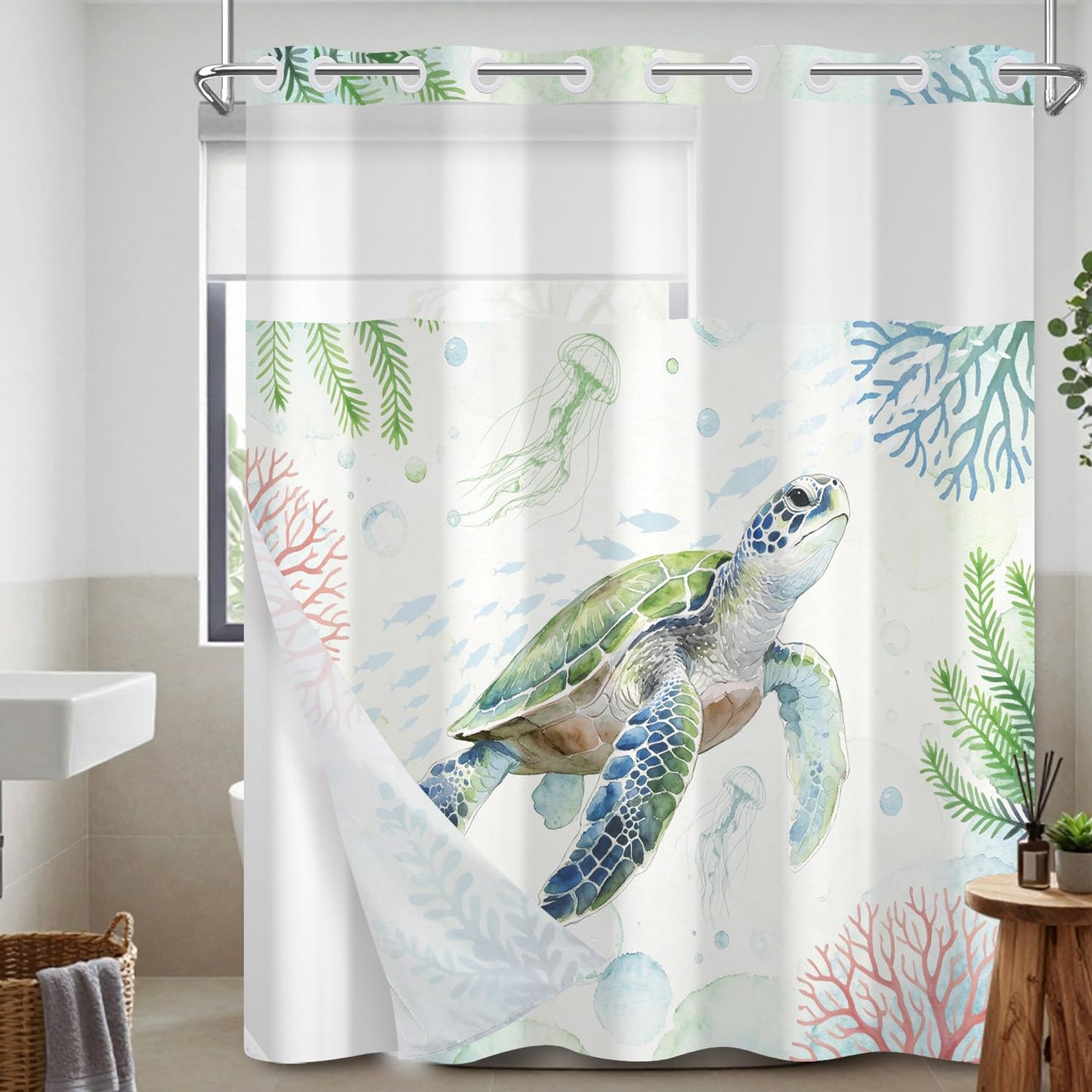 Snap On Shower Curtain Set 71x74 Inch, Hookless 2-in-1 Waterproof Curtain with Liner, Easy Install No Rings Needed, Beautiful Green Sea Turtle Underwater Scene, Durable Polyester Fabric