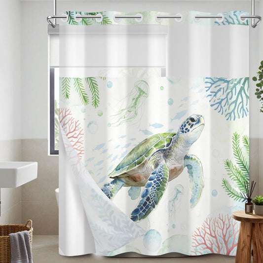 Snap On Shower Curtain Set 71x74 Inch, Hookless 2-in-1 Waterproof Curtain with Liner, Easy Install No Rings Needed, Beautiful Green Sea Turtle Underwater Scene, Durable Polyester Fabric