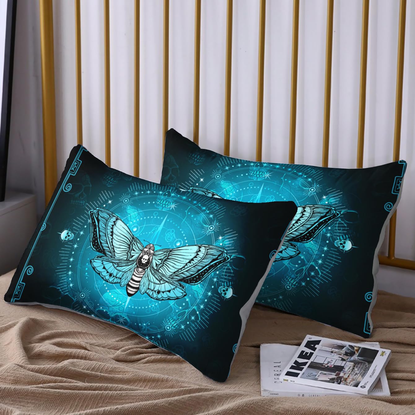 HOSIMA Goth Bedding Set 3 Pieces,Death Moth Skull Heads Fitted Sheet Bed in A Bag Full Size for Adults Boys Girls Room Decor,Horror Theme Halloween Bedding Butterfly Bed Set.