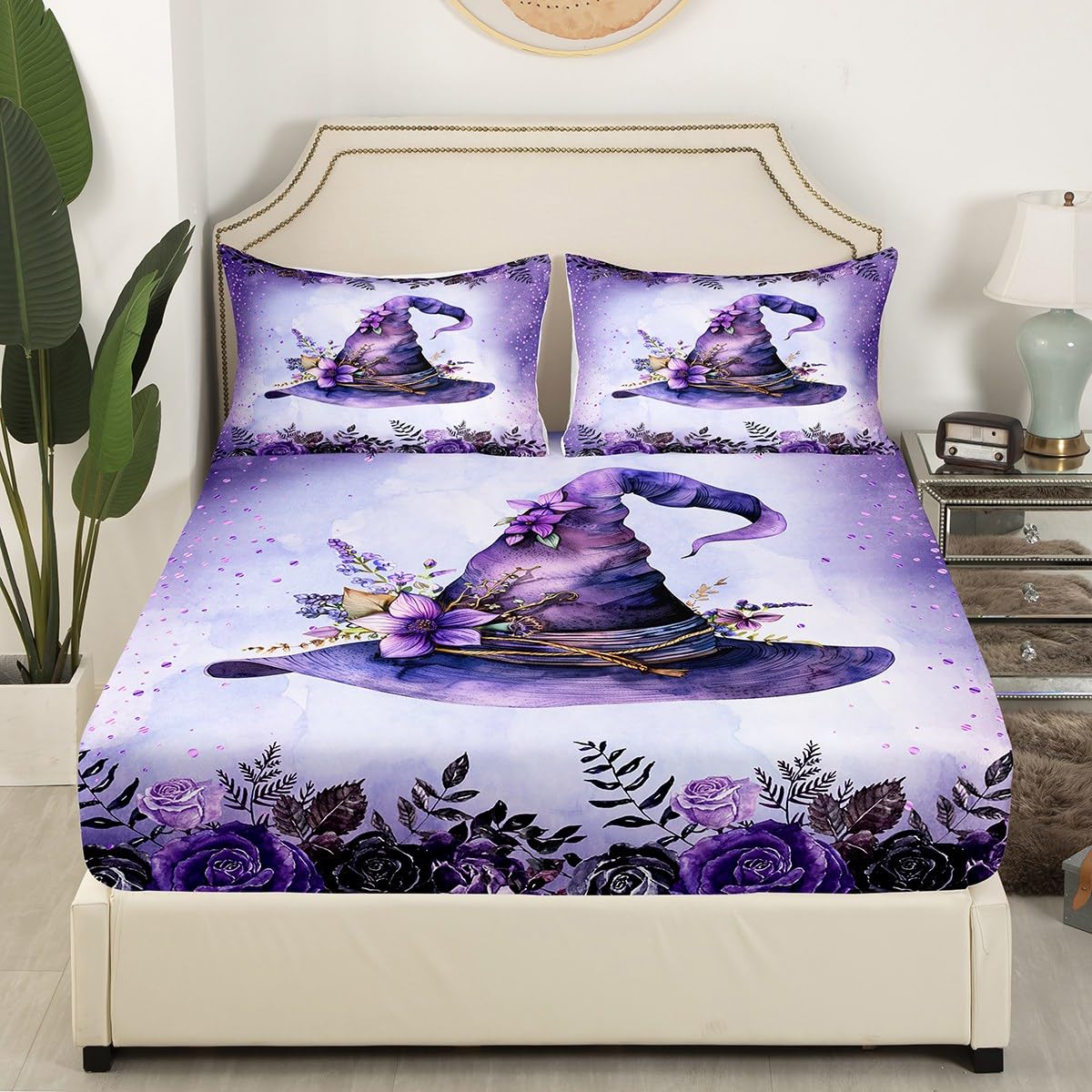 Romantic Purple Fitted Sheet Queen Size,Kids Party Halloween Theme Soft Bed Cover(1 Fitted Sheet+1 Pillow Case),Cartoon Hat Flowers Breathable Mattress Cover