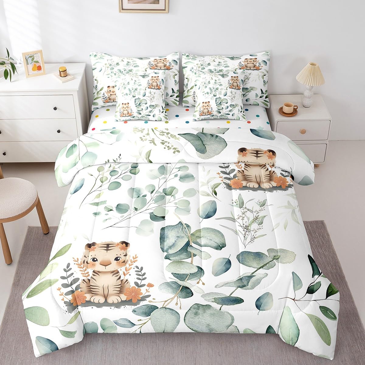 Erosebridal Kids Cute Animal King Comforter Set 7 Pieces for Girls Boys Cartoon Tiger Bedding Comforter Sets, Eucalyptus Bed in a Bag Watercolor Leaves Bedding Set, Kawaii Jungle Animal Bed Sheets Set