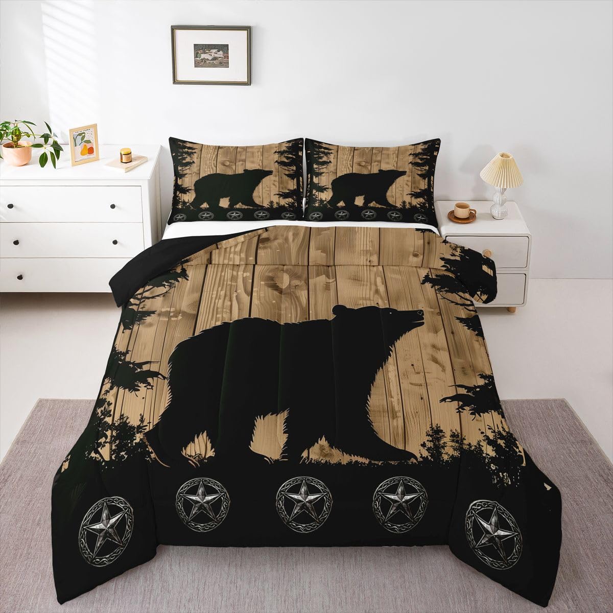 jejeloiu Bear Bedding Set Soft for Boys Girls, Wild Animal Comforter Set Queen Size Wild Retro Wood Duvet Quilt Microfiber Rustic Cabin Country Bedroom Decor 3 Pcs with 2 Pillow Cases