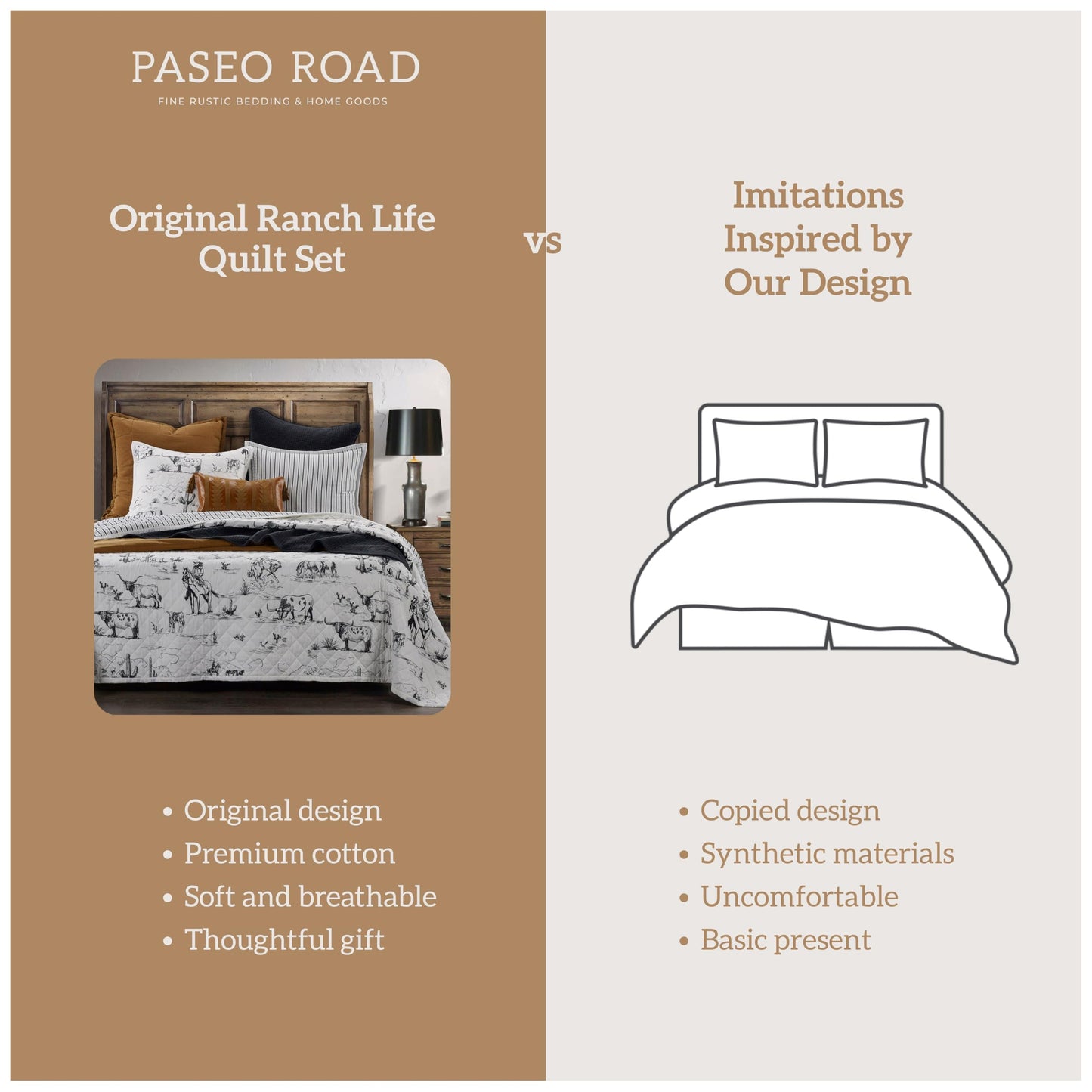 Paseo Road Ranch Life Full Queen Cotton Quilt Set, 3 Piece Western Bedding Set with Pillow Shams, Black White Reversible Quilt with Cowboy Longhorn Horse Cow Print, Soft Cozy Rustic Farmhouse Bedding