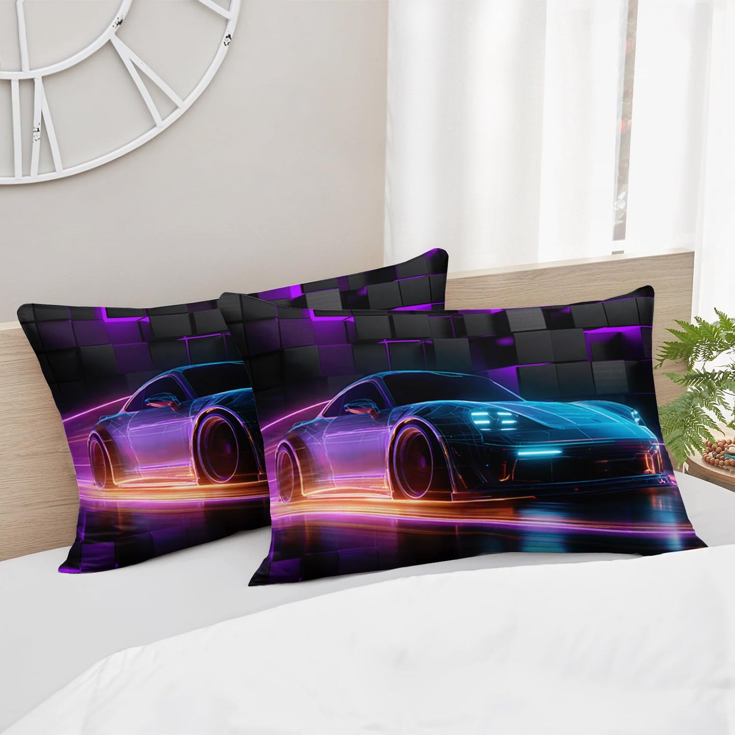 HOSIMA Boys Race Car Bedding Sets Full,Lightweight Fitted Sheet,Geometric Background Pattern Cool Extreme Sports Bedding for Kids Men Car Room Decor,1 Fitted Sheet+2 Pillowcases.