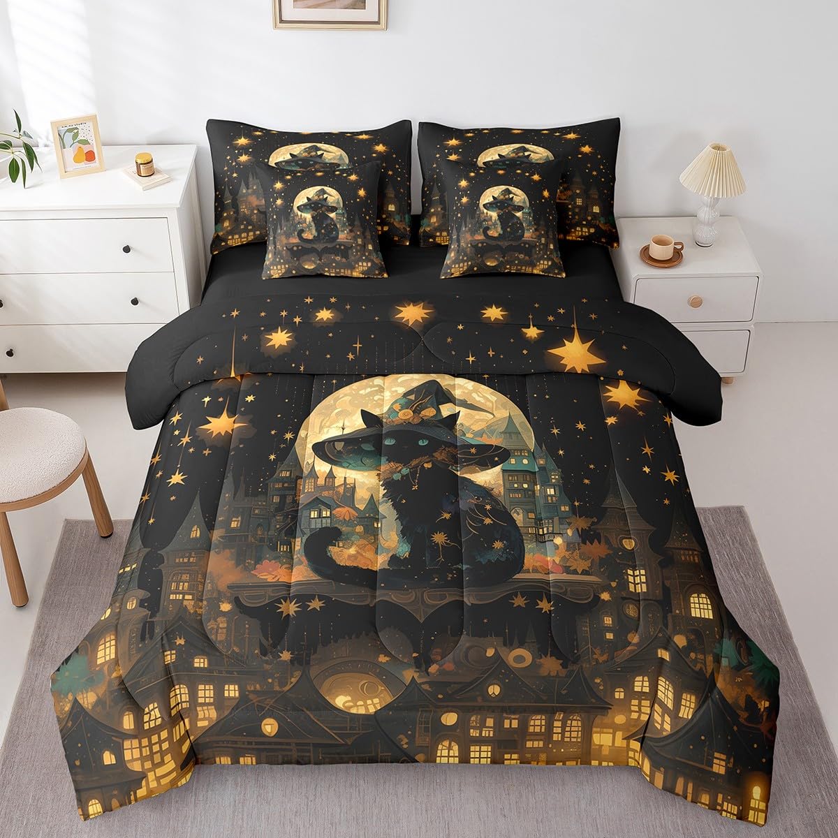 Feelyou Happy Halloween 7 Piece Bedding Set Twin Size Black Cat for Kids Boys Girls Teens Magic Hat Bed in a Bag Comforter Set with Sheets Horror Castle Bed Set
