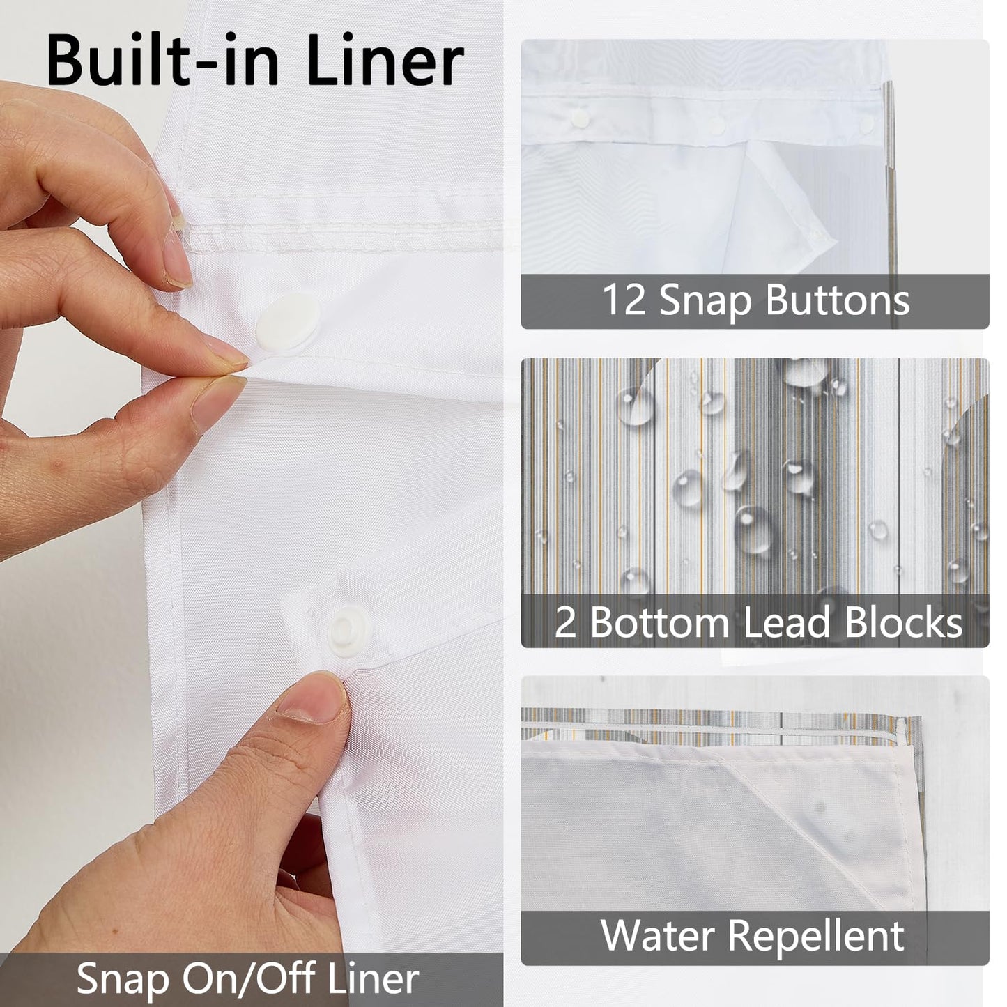 NAEMBCU No Hook Shower Curtain with Snap in Fabric Liner Set 71x74 Inch