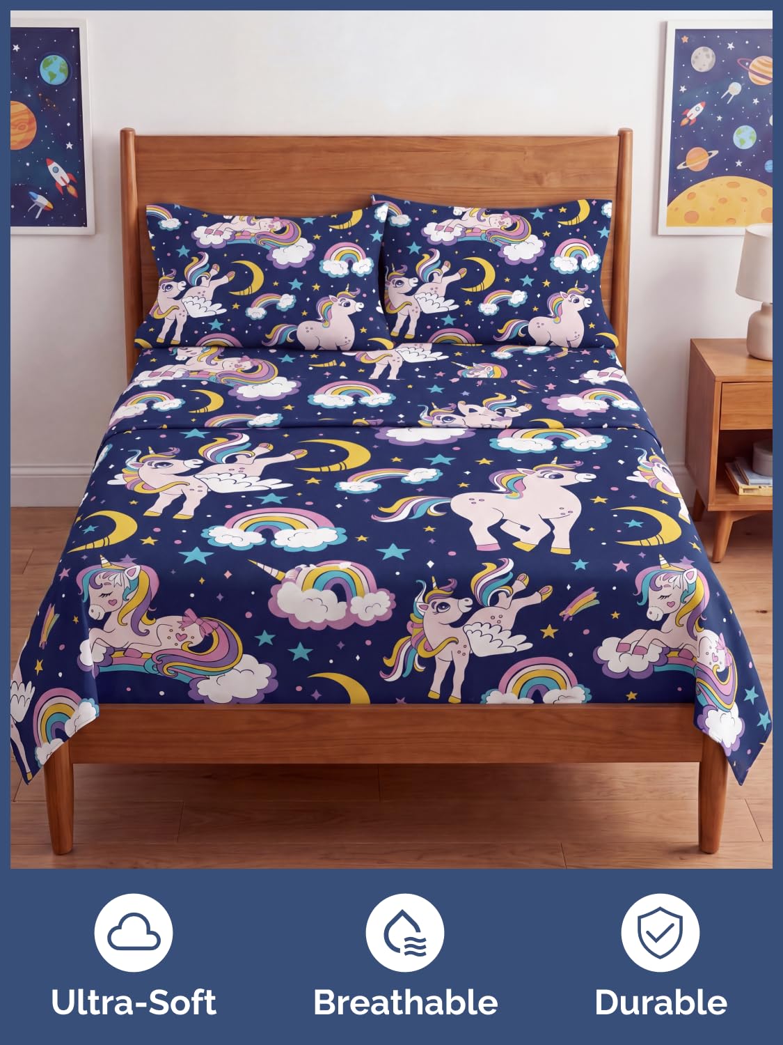 CGK Unlimited Kids Magic Unicorns Queen 4 Piece Sheet Set - Boys, Girls, Teens, Toddler - Easy Fit Deep Pockets - Soft, Cooling & Breathable Sheets - Cute, Cozy, Fade & Wrinkle Free - Machine Washable