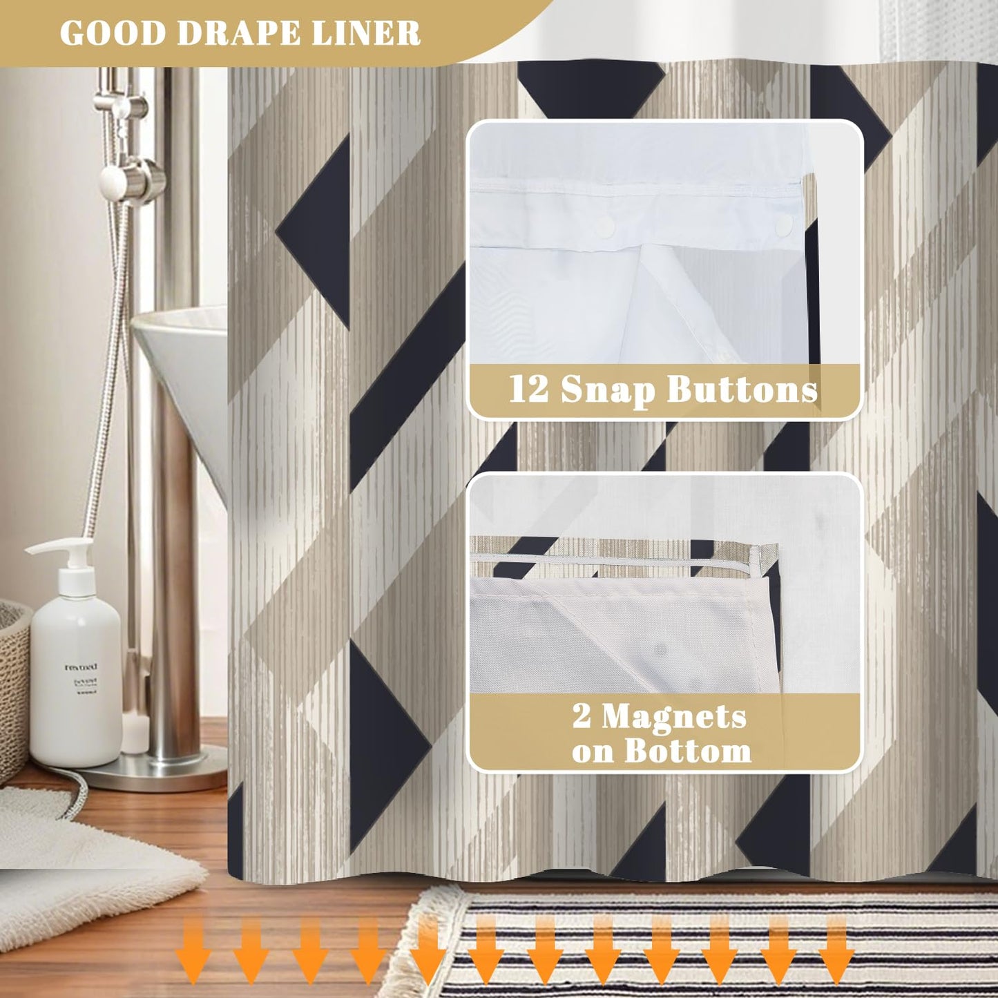 NAEMBCU No Hook Shower Curtain with Snap in Liner, Modern Black and Beige Geometric Print - Mesh Top Waterproof Double Layer Bath Tub Curtain for Contemporary Neutral Bathroom Decor, 71W x 74H