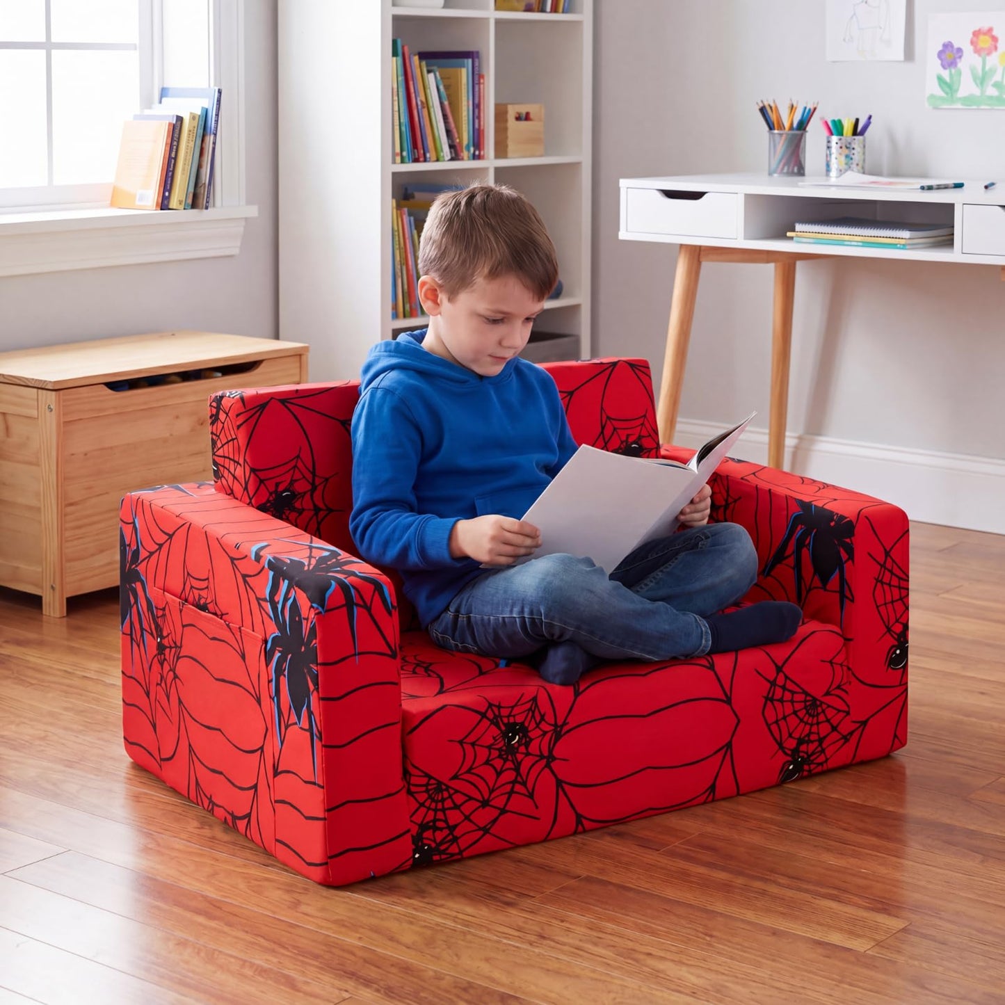 Sliner Kids Sofa 2-in-1 Flip-Out Chair Convertible Fold Out Kids Couch to Lounger Foam Soft Toddler Chairs Comfy Flipout Seat with Washable Cover for Ages 3 and up for Playroom Bedroom(Spider)