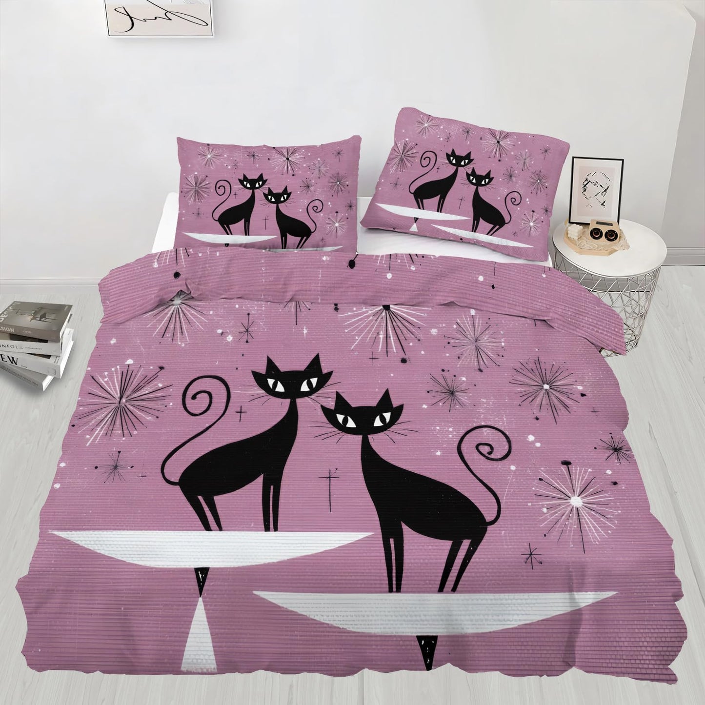 ZAMODE Cat Comforter Cover Oversized King Size 120" x 98", Mid Century Atomic Black Cat Duvet Cover, Abstract Black Kitten Bedding Set with 2 Pillowcases