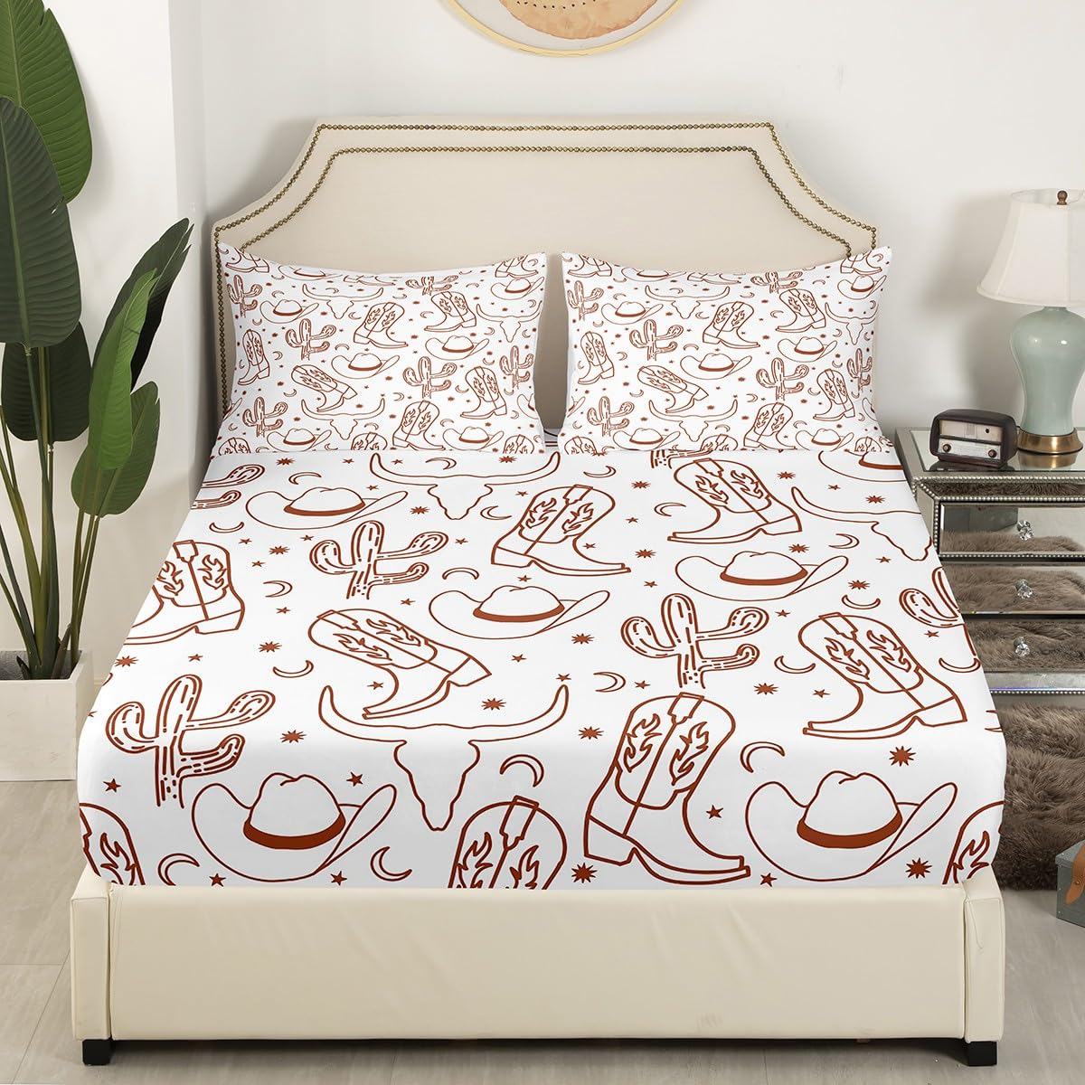 Feelyou Western Decor Sheet Set for Kids Boys Girls Wild Western Cowboy Sheets with Deep Pocket Fitted Sheet Queen Size Riding Boots Bed Sheets Set Cowboy Hat Bedding Set Cow Skull Bed Set 4Pcs