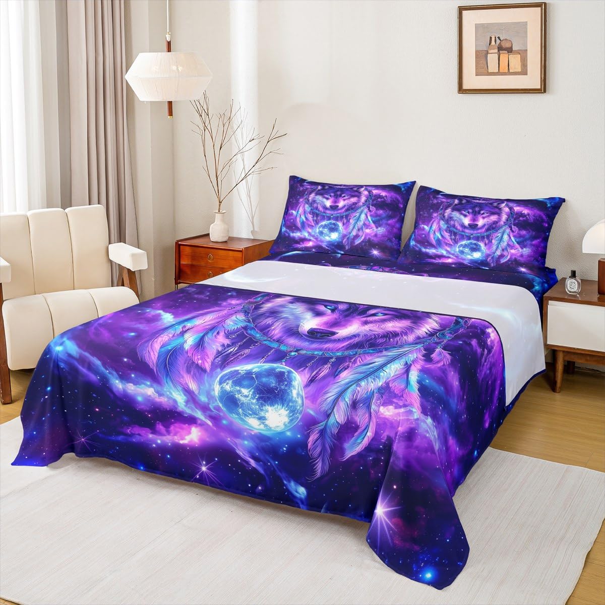 Erosebridal Wolf Flat Fitted Sheet Full Tribal Animal Bed Set Bohemian Feather Wildlife Bed Sheets Set for Kids Boys Adult Bedroom Decor Starry Sky,Purple Blue Bedding Sets with 2 Pillow Cases