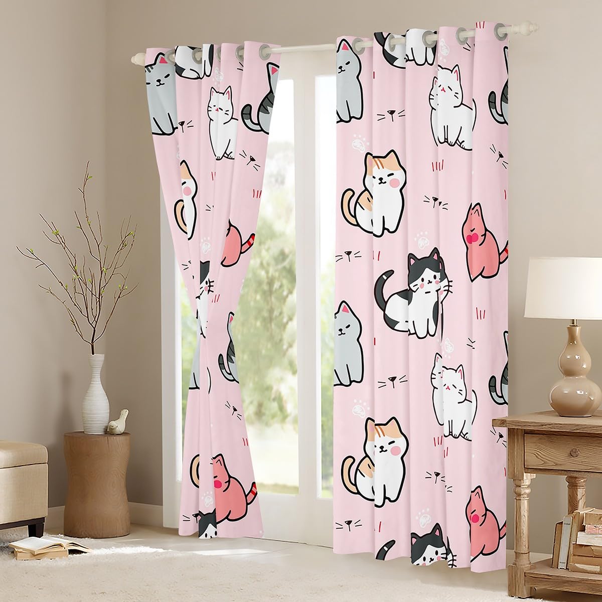 Pink Blackout Cat Curtains - Kawaii Animal Themed, 76Wx54L, Perfect for Kids & Pets, Colorful Kitten Window Treatments