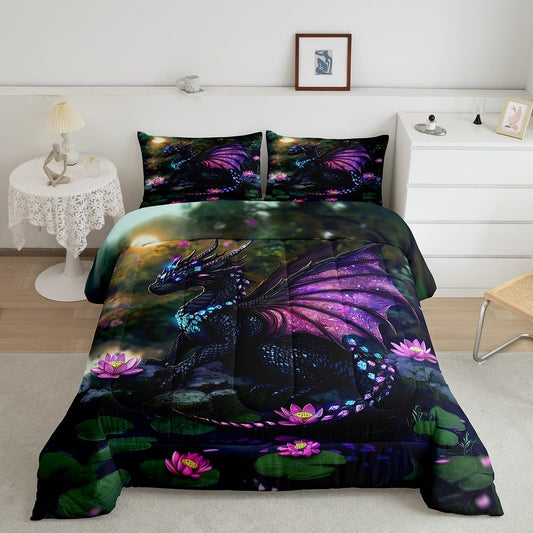 Feelyou Dragon Comforter Set Twin Size Dragon Stuff Comforter for Boys Girls Teens Wild Life Bedding Set Lotus Flower Duvet Set Room Decor Green Purple Quilt Set