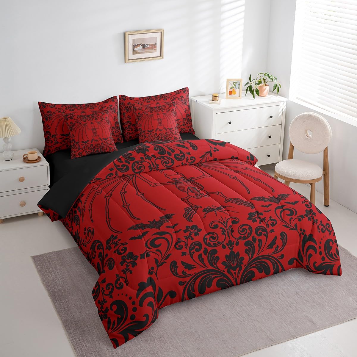 Erosebridal Gothic Moth Skull Bed in A Bag 7 Piece Queen Halloween Bats Spider Bedding Set Red Black Damask Goth Comforter Set with Sheets for Kids Boys Adults Men,Hippie Floral Skeleton Bed Set