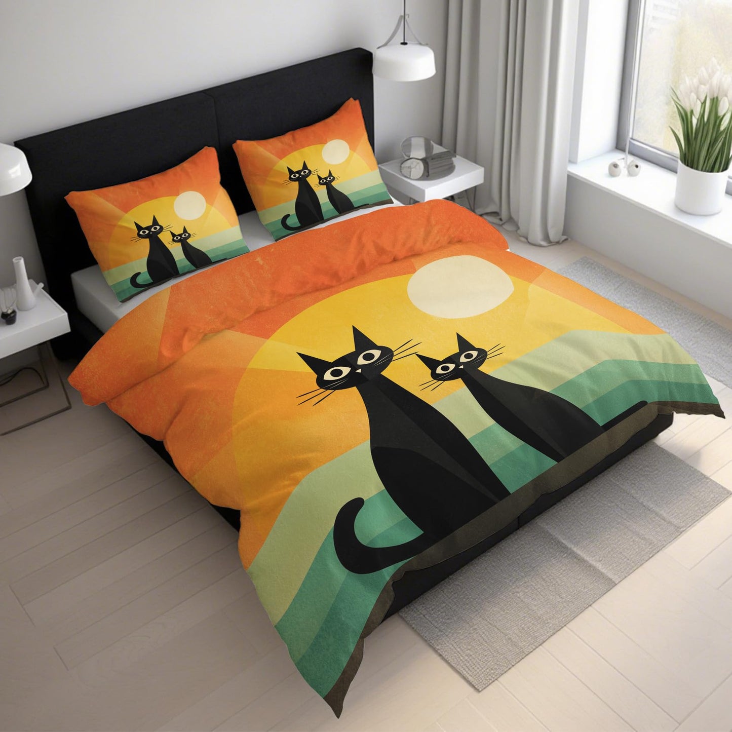 Mid Century Cat Duvet Cover Twin Size, Abstract Boho Sun Kitten Bedding Set 2 pcs with 1 Pillow Cover, Mid Century Modern Bedroom Decor, Soft Microfiber Reversible, Zipper & Ties KJJT 15