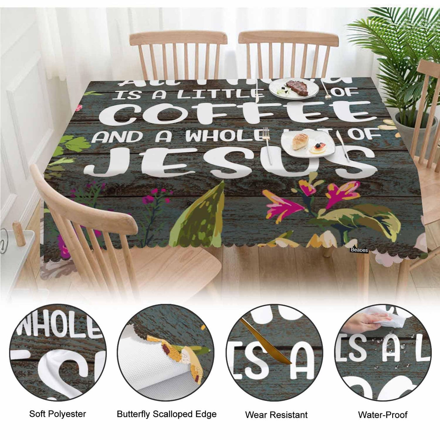 Beabes Bible Quote Decorative Tablecloth, Christian Verse Kitchen Table Cover Oblong 52"X70" Tablecloths Dining Table Cloth Buffet Parties Patio and Camping All I Need is A Whole Lot of Jesus