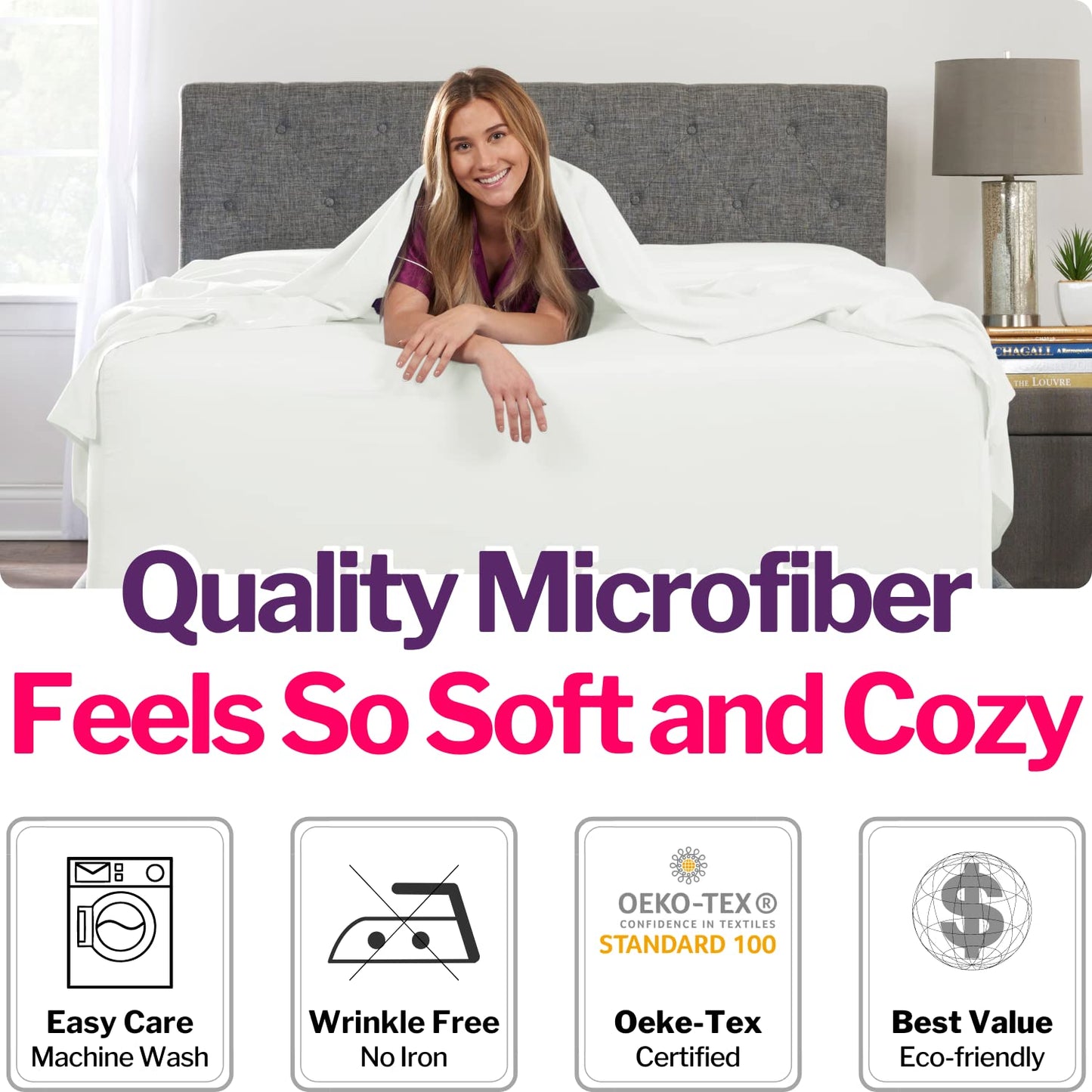 Extra Deep Pocket King Size Sheets – 21” King Sheet Sets Deep Pocket – [4 Piece Set] King Bed Sheets Oversize Flat Sheet, Fitted Sheet, 2 Zippered Pillowcases – 18”–23” Deep Pocket King Sheets – White