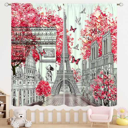 TYVGICZ Red Paris Modern Curtains, Landscape Architecture City Scenery Eiffel Tower Landmark Famous Romantic Window Treatments for Girls Woman Bedroom Living Room Kitchen Bathroom 2 Panels,42x45 Inch