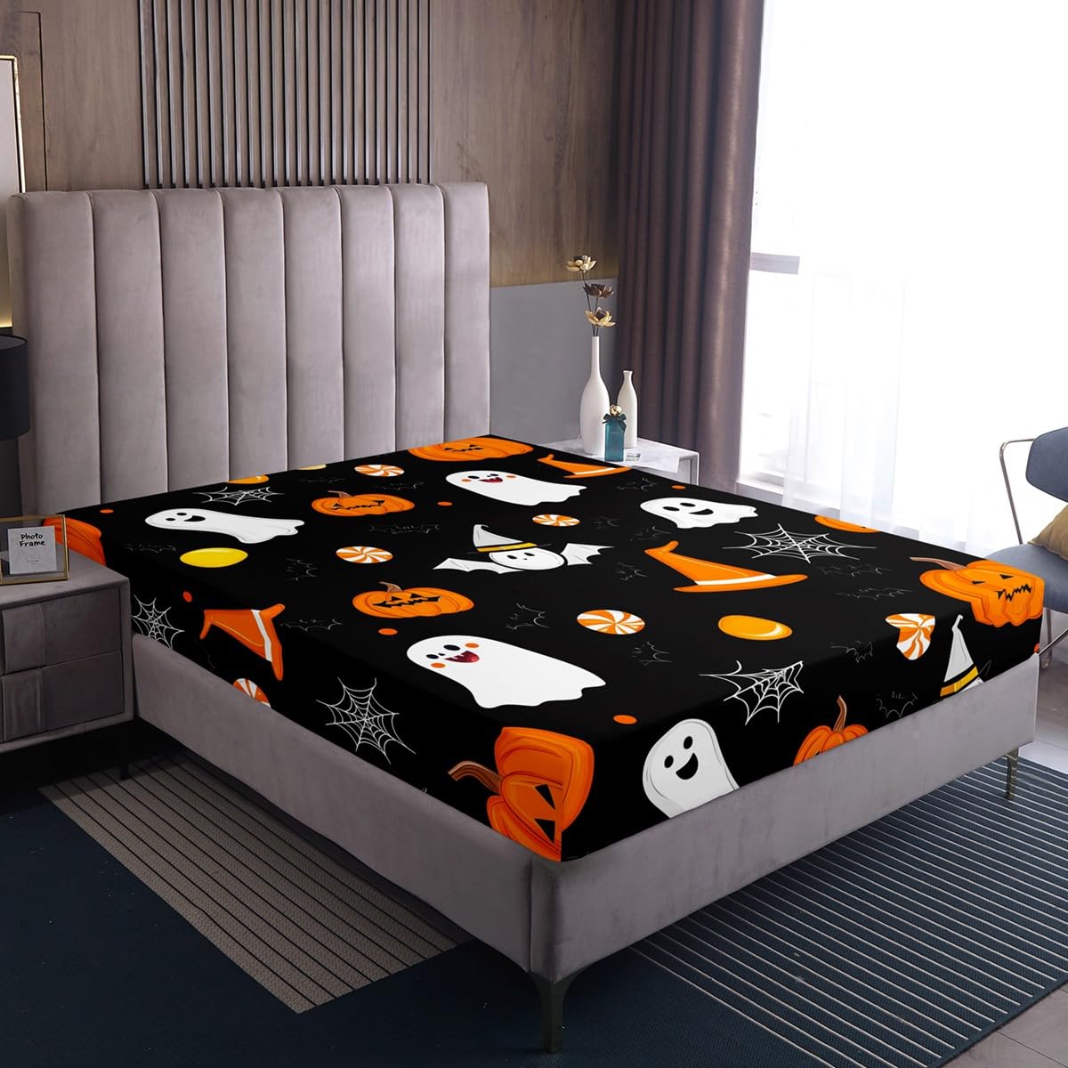 Feelyou Happy Halloween Bed Sheets Sets Twin Size Kids Boys Girls Cute Ghost Pumpkin Bedding Set Orange White Black Bed Sheet Set with 16-Inch Deep Pockets Cobweb 3Pcs with 1 Pillow Cases
