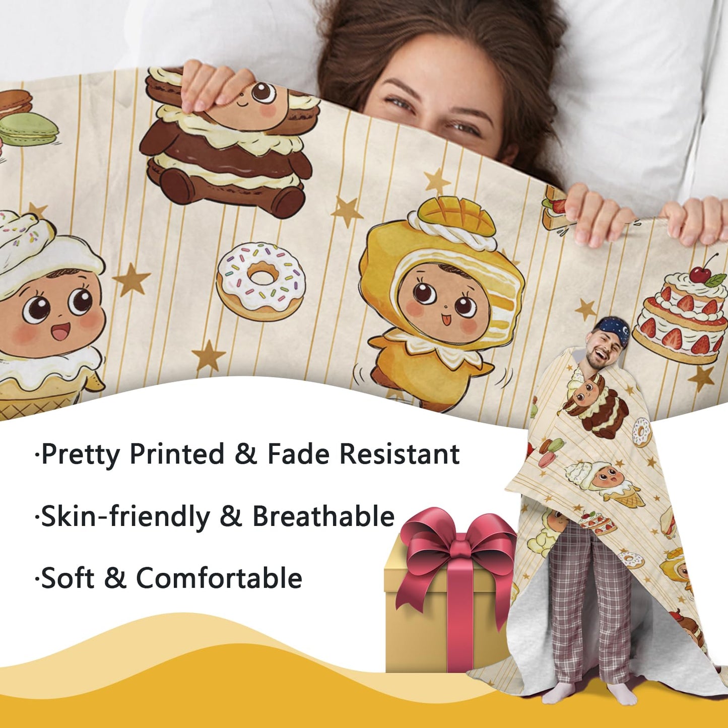 Stology Sweet Dessert Baby Flannel Throw Blanket, Cute Macaron Ice Cream Cake Donut Sandwich Gifts for Kids Toddler Children Teen, Yellow Star Nursery Soft Blankets for Bedding Sofa 50''x60''