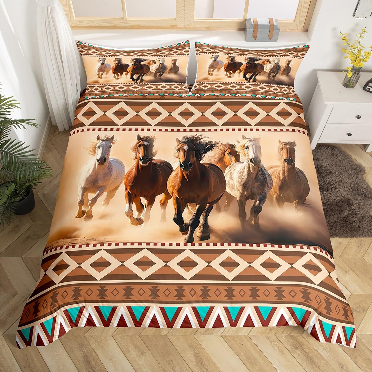 Manfei Galloping Horse Duvet Cover Set Queen Size, Wild Animal Theme Comforter Cover with 2 Pillowcases, Western Cowboy Bedding Set 3pcs for Kids Boys Girls Boho Exotic Bedspread Cover,No Comforter