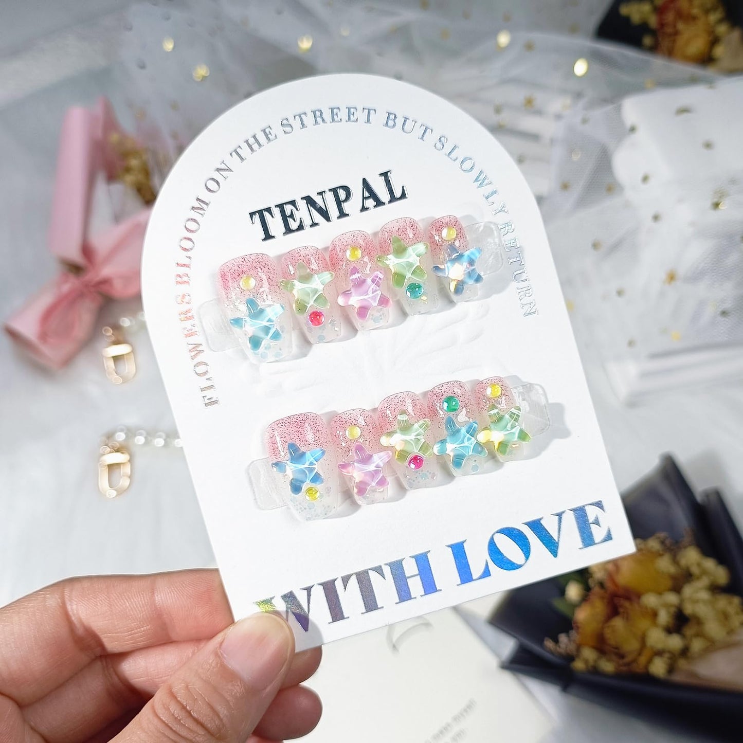 TENPAL 10PCS Summer Press on Nails with Tools Kit - Icy Ocean Blue Water Wave 3D Starfish Design Glue on Nails | Sparkling Glitter Coffin Fake Nails | Beach Theme Medium Long Cute Manicure Set(XS)