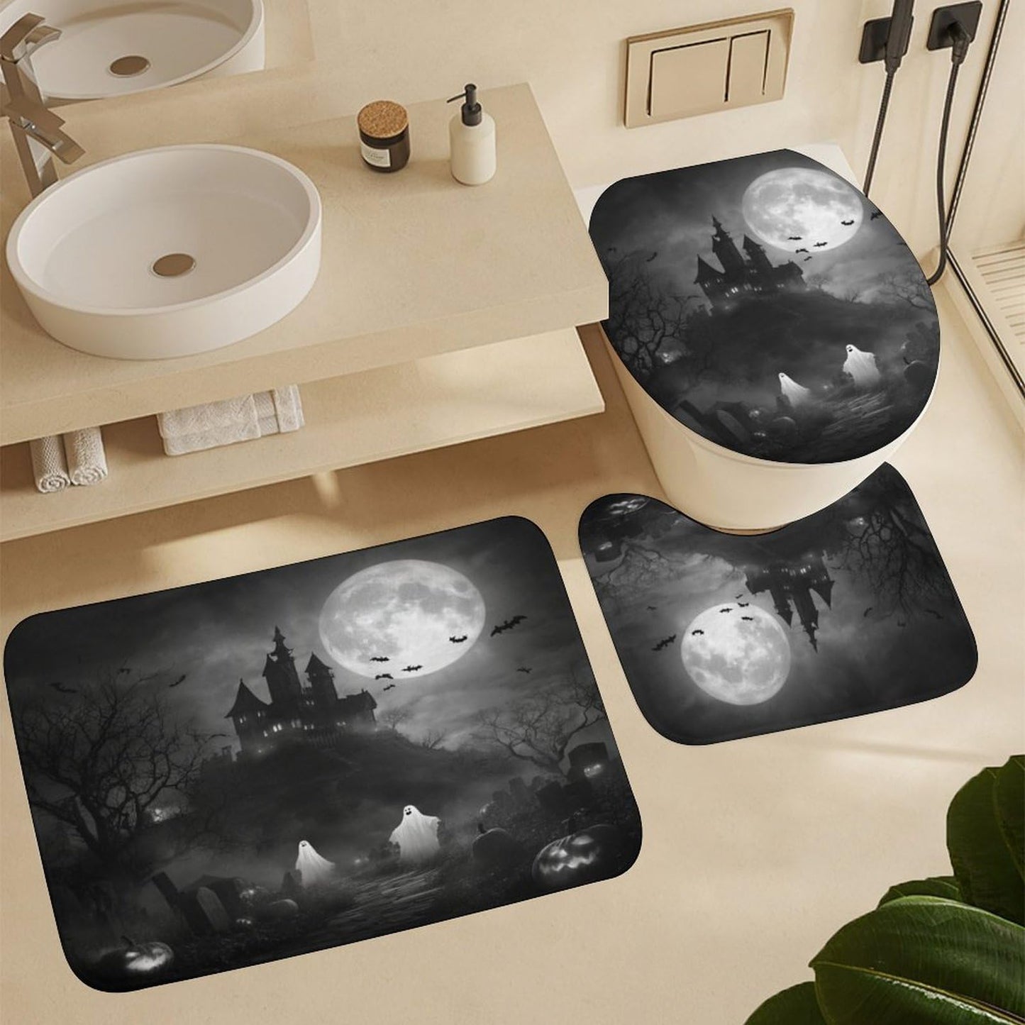 INSFBRB Abstract Horror Halloween Shower Curtain Sets with Rug,Toilet Lid Cover and Bath Mat,Rustic Retro Gothic Castle Halloween Pumpkin Bat Ghost Full Moon 4 Piece Bathroom Set