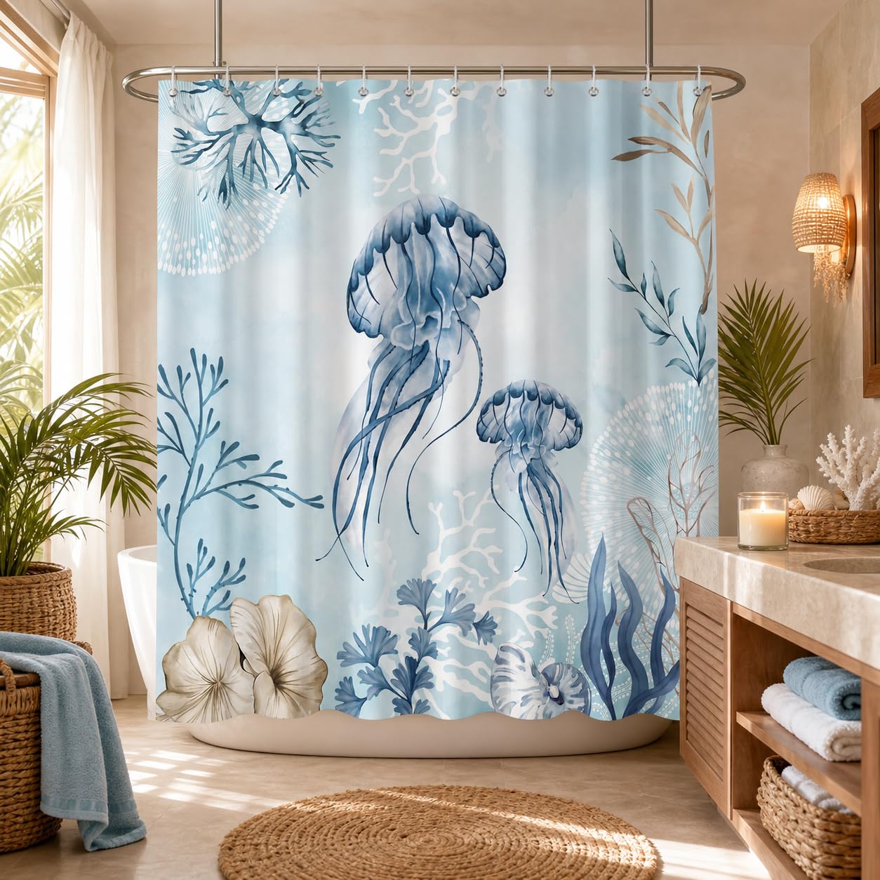Hopomoon Jellyfish Shower Curtain,Teal Blue Coastal Shells Watercolor Ocean Theme Bathroom Curtain 72x72 Inch,Waterproof Polyester Fabric Summer Bathroom Decor with 12 Hooks