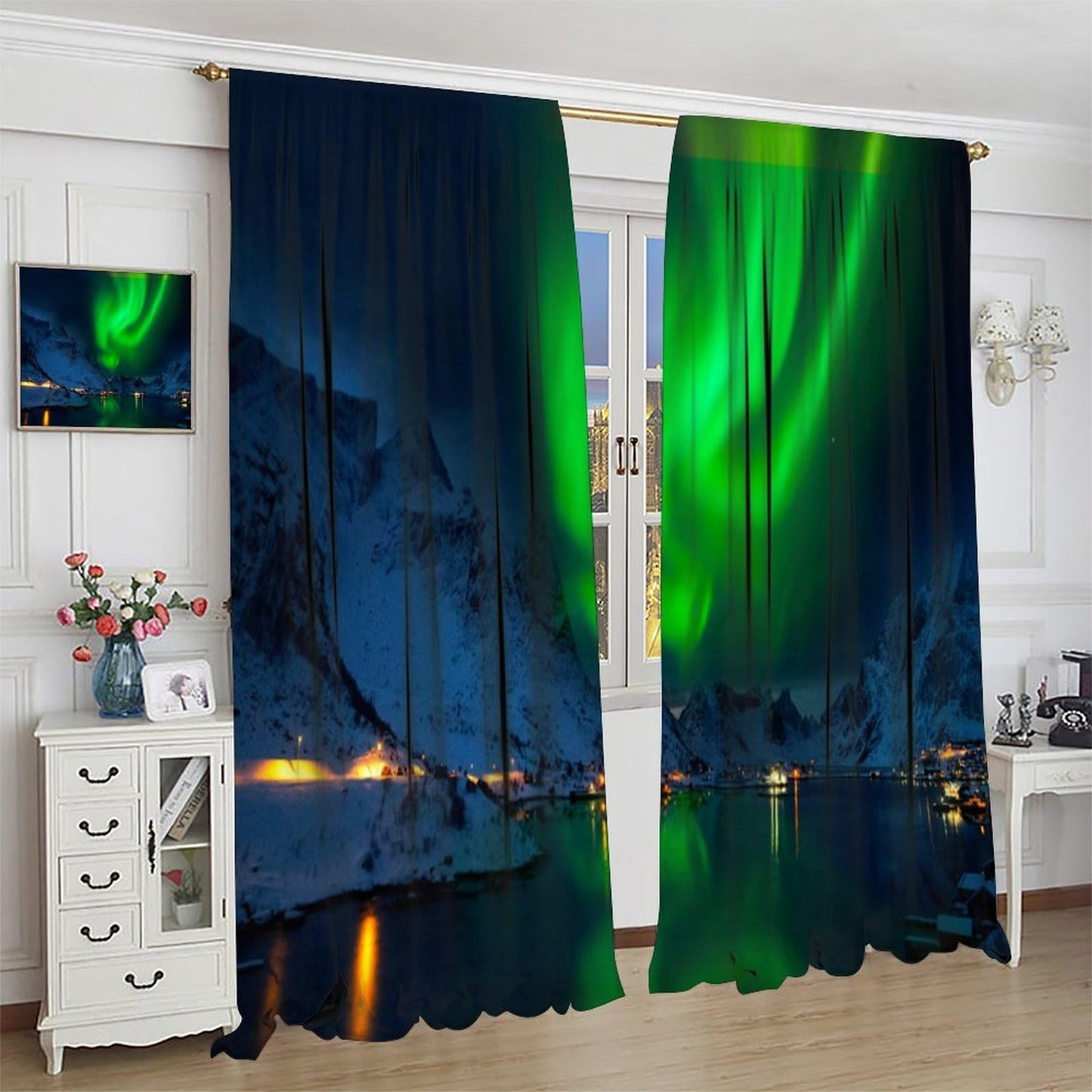 GoDazzling Night Aurora Nature Landscape Curtains, Green Northern Snow Mountain Lake Rustic Town Rod Pocket Window Drapes, for Bedroom Living Room 41" W X 45" L (No Blackout)