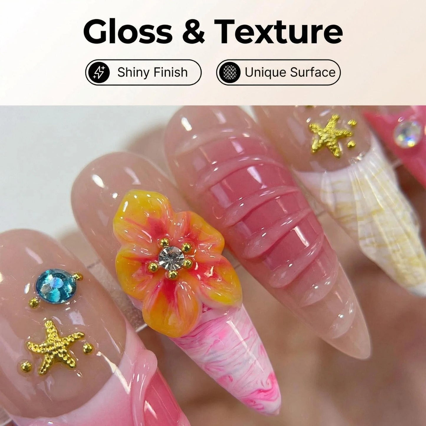 Handmade Press on Nails Pink French Tip Fake Nails Long Stiletto False Nails with 3D Flower Beach Designs Sparkly Rhinestones Charm luxury Artificial Nails for Women (Size M）10pcs