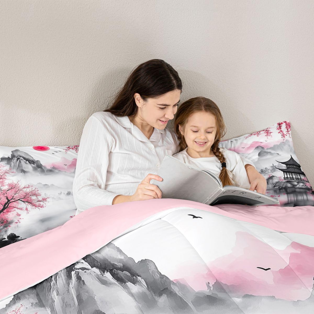 jejeloiu Chinese Ink Painting Comforter Set Queen Size Cherry Blossom Bedding Set for Kids Boys Girls Japanese Style Duvet Quilt Mountain Red Sun Bedroom Decor Microfiber 3 Pcs with 2 Pillow Cases