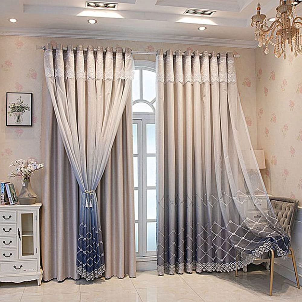 Amidoudou 1 Pair Double Layer Geometric Curtains for Living Room Gradient Diamond Pattern Embroidered Curtains for Bedroom (Grey,54x84 Inch)