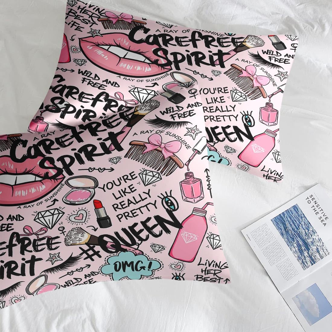 Pamnest Comforter Set Queen Size, Makeup Pink Queen 7 Pcs Bedding for Kids and Adults, Women Diamond Cute Bed Sheet Sets with Fitted Sheet 2 Pillowcases & 2 Shams for Bedroom Bed Decor