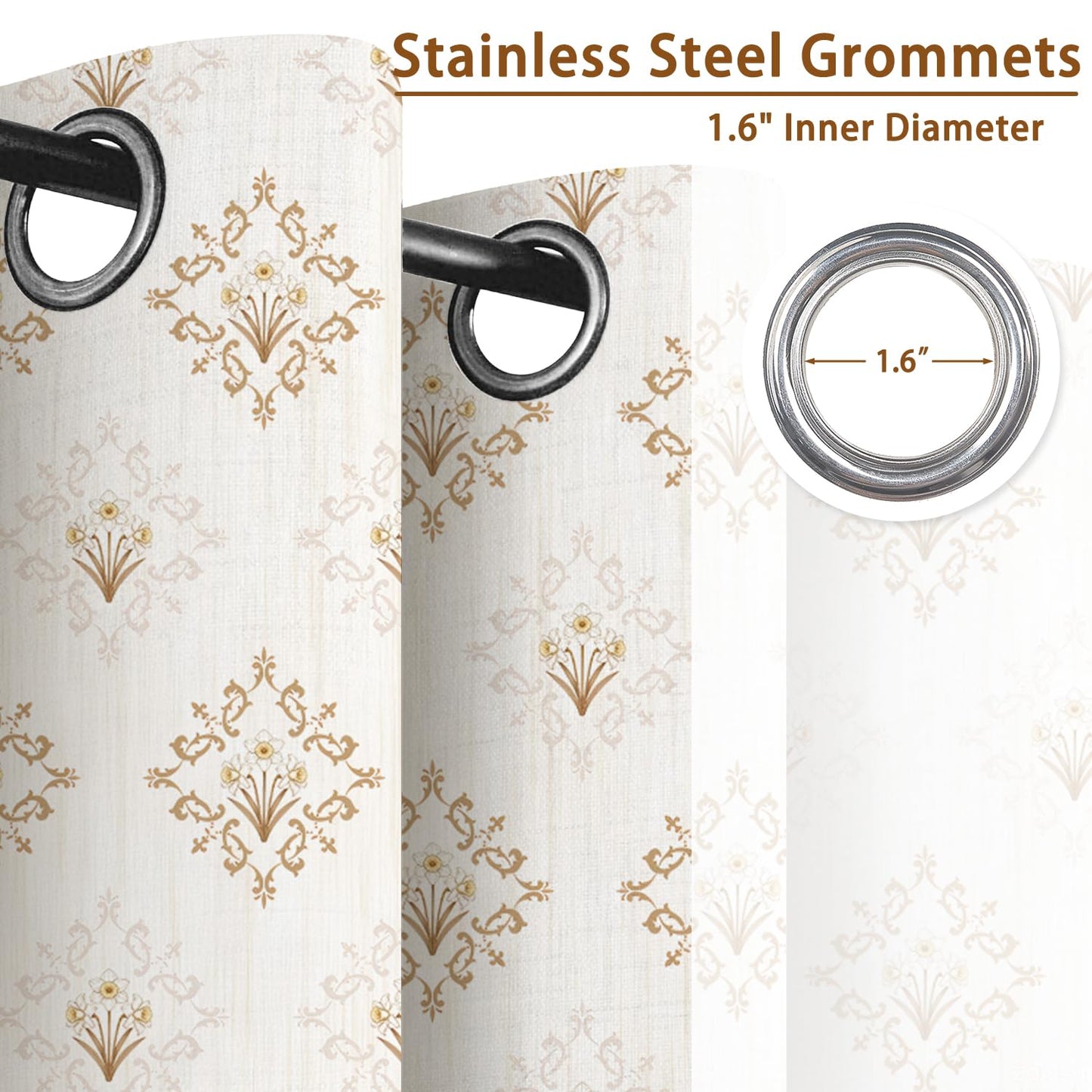 Xiazhilaio Cream and Gold Blackout Curtains 2 Panels Set - Geometric Floral Damask Printed Grommet Window Drapes for Bedroom Living Room, Thermal Insulated Room Darkening Curtains 84 Inches Long