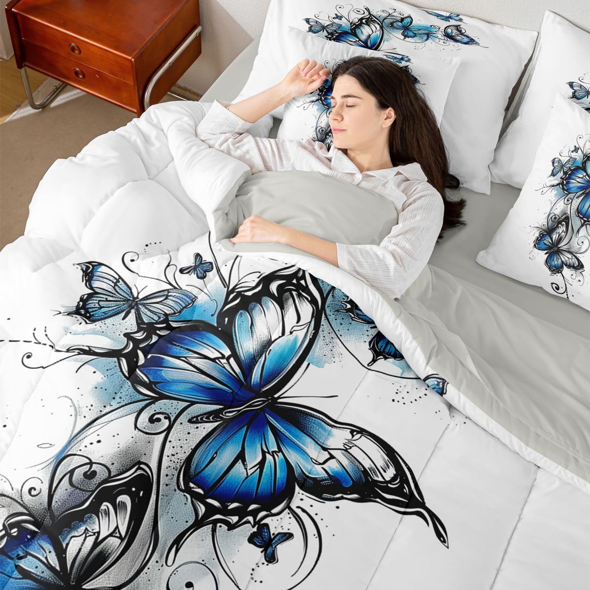 Erosebridal Stained Glass 7 Piece Bedding Set Twin Watercolor Blue Butterfly Comforter Set with Sheets Fresh Floral Lines Bed in a Bag Rococo Scroll Bed Sets Comforter