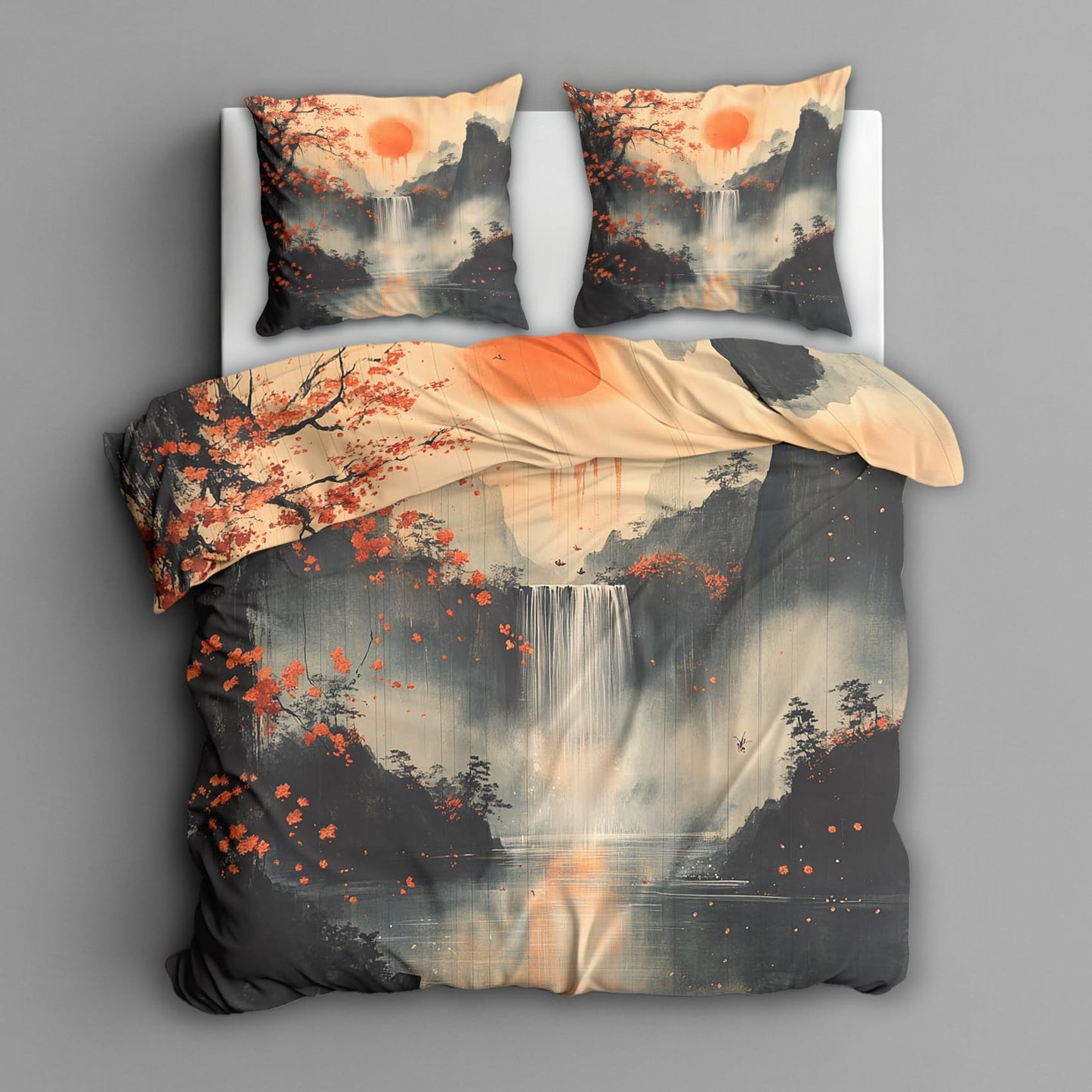 zcwl Waterfall Landscape Duvet Cover Oversized King Size | Mountain Bedding Set | 3 Piece | Soft Microfiber Patterned Comforter Cover with Zipper Ties & 2 Pillowcases | Oriental Asian Bedroom Decor